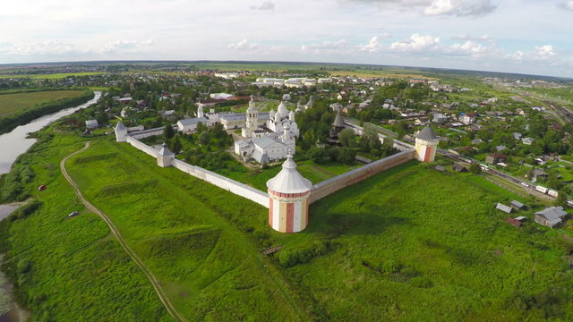 Flying over Spaso-Prilutsky monastery in Vologda, Russia
