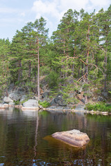 Rocky waters edge of a forest lake