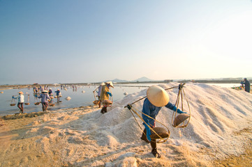 Farmers working in Hon Khoi salt field, Nha Trang, Vietnam