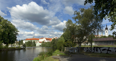 Fototapeta na wymiar Colorful medieval Town Pisek above the river Otava, Czech Republic