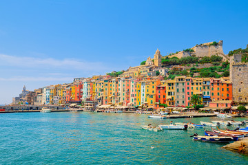 Seen from the sea the town of Porto Venere, with colorful houses