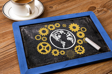 business concept: gears around earth