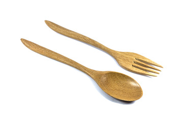 Wooden spoon and fork isolated on white background