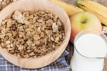 Close up cereals and milk healthy breakfast
