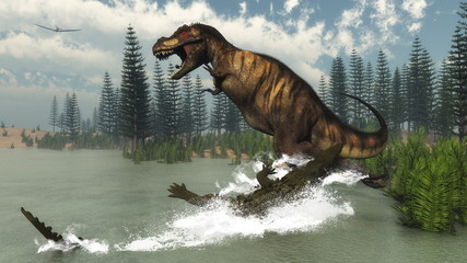 Tyrannosaurus rex dinosaur attacked by deinosuchus crocodile - © Elenarts