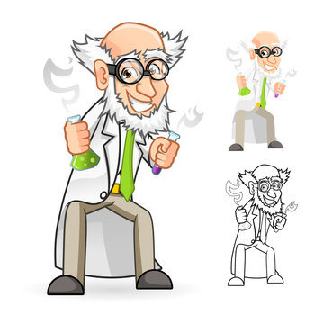 High Quality Scientist Cartoon Character Holding a Beaker and Test Tube with Feeling Great Include Flat Design and Line Art Version
