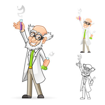High Quality Scientist Cartoon Character Holding a Beaker and Test Tube with One Hand Raised and Feeling Great Include Flat Design and Line Art Version