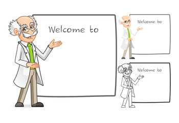 High Quality Scientist Cartoon Character with Welcoming Arms Include Flat Design and Line Art Version