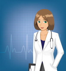 Woman Doctor with Pulse Background Cartoon Vector Illustration