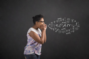 African woman shouting or screaming on blackboard background