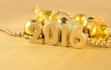 2016 year golden figures and golden Christmas decorations