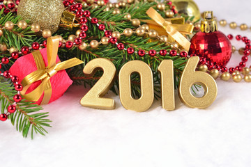 2016 year golden figures and Christmas decorations