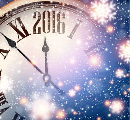 Fototapeta na wymiar 2016 New year clock with snowy background.