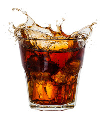Cola with splash of ice cubes on white. With clipping path - obrazy, fototapety, plakaty