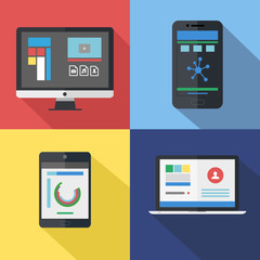modern flat design multimedia devices with icons on display
