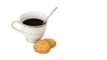 Black coffee and cookies isolate on white background