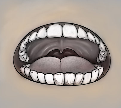Oral health concept. Mouth close up gray image. Digital background raster illustration.