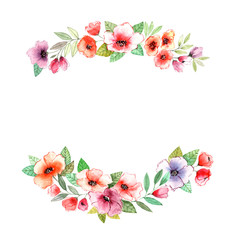 Floral wreath. Invitation. Wedding or birthday card. Floral frame. Watercolor background with flowers.