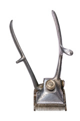 Old vintage manual metal hair clipper isolated on white