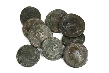 Original group of ancient Roman coins archaeological excavation