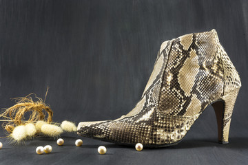 Shoes snakeskin with pearls and spikes