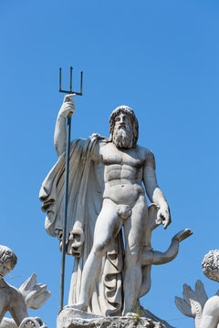 Neptune, the Roman God of Water, sculpture on the Fontana del Nettuno fountain, Piazza del Popolo square, old city centre, Rome