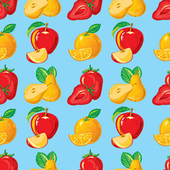 seamless pattern of ripe strawberry, apple, orange, pear and slices of them