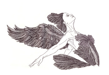Black Swan.Dance of ballerina with beautiful wingsGraphic drawin