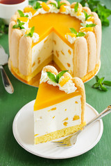 Delicious pound cake "Charlotte" with mango and peaches.