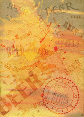 Fototapeta na wymiar Abstract paper background with stamp and spilled beer stains