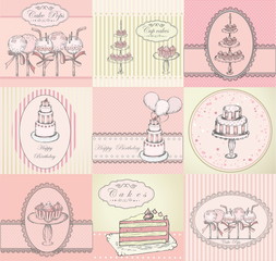 Collection of beautiful cakes, cupcakes and cake pops background