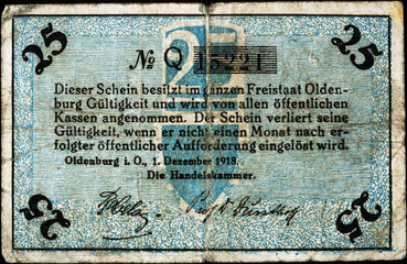 Historische Banknote, Notgeld, 1. Dezember 1918, Fünfundzwanzig Pfennig, Deutschland