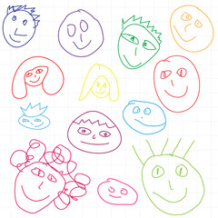 set of hand drawn faces  on white background. Kid drawing illustration