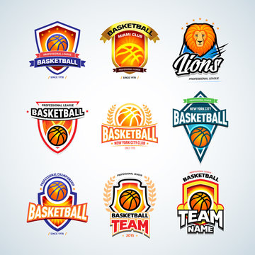 Basketball logo templates set, basketball logotype collection, badge logo design templates, sport logotype templates. Basketball Themed T shirt templates. Vector illustrations.