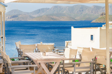 Iconic Greek restaurant blue tablecloth, Greece