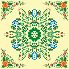 seamless pattern with floral ornament with elements of berries and leaves on yellow background