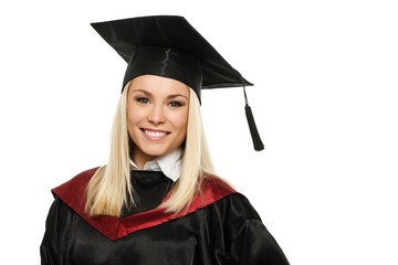 Happy graduated blond student girl isolated on white