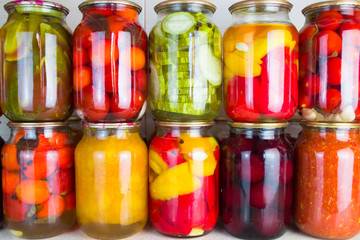 Preserved vegetables and food ingredients set in a row