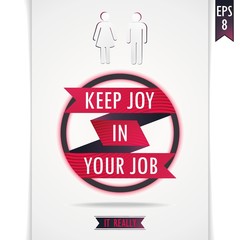 Gray vector poster about joy in working with red ribbon in a circle and human figures