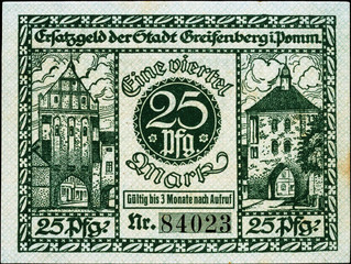 Obraz premium Historische Banknote, Notgeld, 7. November 1919, Fünfundzwanzig Pfennig, Deutschland
