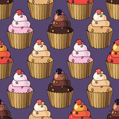 Seamless pattern with cherry cupcakes