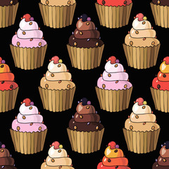 Seamless pattern with cherry cupcakes