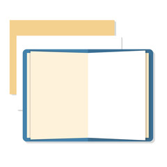 Flat mockups of open book and paper sheets