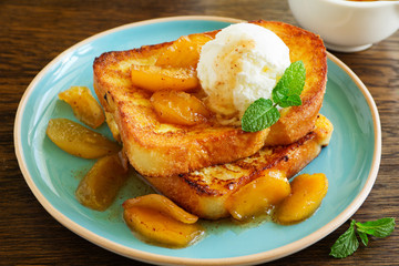 French toast with caramel apples for breakfast.