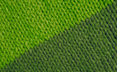 Stockinette stitch in bright and moss green wool background