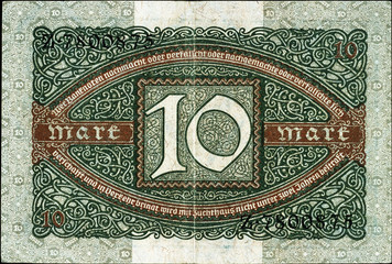 Historische Banknote, 6. Februar 1920, Zehn Mark, Deutschland