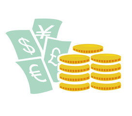 Flat vector image of coins and notes of different currencies