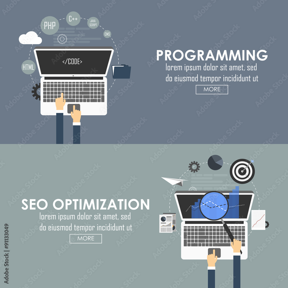 Aufkleber flat designed banners for programming and seo optimization. vector image.