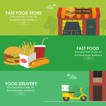 Food delivery horizontal banner set. vector illustration