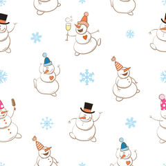 Vector winter seamless pattern with cute cartoon snowmen and snowflakes.